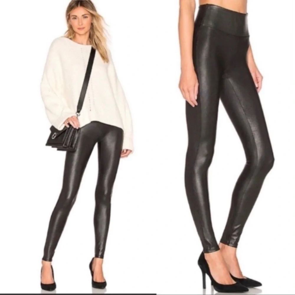 New! SPANX faux leather black leggings high waisted rise stretch 21396